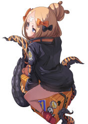 1girl abigail_williams_(fate) abigail_williams_(traveling_outfit)_(fate) bandaid bandaid_on_face bandaid_on_forehead belt black_bow black_jacket blonde_hair blue_eyes bow breasts briefcase crossed_bandaids fate/grand_order fate_(series) forehead fu-ta hair_bow hair_bun high_collar highres jacket long_hair long_sleeves orange_belt orange_bow parted_bangs red_footwear sitting sleeves_past_fingers sleeves_past_wrists small_breasts solo tentacles