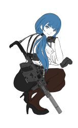 Rule 34 | 1girl, absurdres, black footwear, black skirt, blue eyes, blue hair, brown pantyhose, closed mouth, commentary, english commentary, from side, full body, gloves, grey gloves, gun, hair over shoulder, hand up, high heels, highres, kriss vector, long hair, looking at viewer, looking to the side, low ponytail, original, pantyhose, pixcy (pixcy5), ponytail, shirt, shoes, short sleeves, simple background, skirt, smile, solo, submachine gun, very long hair, weapon, white background, white shirt