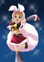 Rule 34 | bad id, bad pixiv id, bell, blonde hair, bow, christmas, detached sleeves, fang, green eyes, hair ornament, hairclip, kagamine rin, massala, midriff, mittens, navel, red mittens, sack, santa costume, solo, vocaloid
