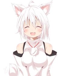 Rule 34 | 1girl, absurdres, ahoge, animal ears, bare shoulders, blush, breasts, detached sleeves, closed eyes, fang, hat, highres, inubashiri momiji, large breasts, looking at viewer, open mouth, philip (n1k2-j), pom pom (clothes), shirt, short hair, silver hair, simple background, sleeveless, sleeveless shirt, solo, tail, tokin hat, touhou, turtleneck, white background, white shirt, wide sleeves, wolf ears, wolf tail