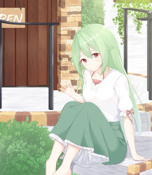 Rule 34 | 1girl, absurdres, barefoot, breasts, closed mouth, collarbone, day, door, feet out of frame, green hair, green skirt, hair between eyes, highres, knees up, long hair, looking at viewer, medium breasts, original, outdoors, puffy short sleeves, puffy sleeves, red eyes, roido (taniko-t-1218), shirt, short sleeves, sitting, sitting on stairs, skirt, smile, solo, stairs, stone stairs, very long hair, white shirt