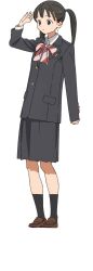Rule 34 | 1girl, akebi-chan no serafuku, arm up, black eyes, black hair, black jacket, black skirt, black socks, blazer, bow, bowtie, brown footwear, closed mouth, collared shirt, diagonal-striped bow, diagonal-striped bowtie, diagonal-striped clothes, dress shirt, full body, highres, jacket, kneehighs, loafers, long hair, long sleeves, official art, pleated skirt, red bow, red bowtie, roubai academy school uniform (new), shirt, shoes, simple background, skirt, sleeves past wrists, socks, solo, standing, striped clothes, tachi-e, tougeguchi ayumi, transparent background, twintails, white shirt