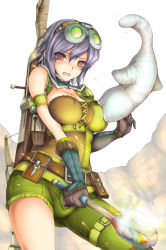 Rule 34 | 1girl, asymmetrical clothes, belt, belt pouch, biting, breast sucking, breast sucking through clothes, breasts, capcom, cleavage, club (weapon), covered erect nipples, elbow gloves, giggi, gloves, goggles, grey hair, kizuki aruchu, large breasts, leather (armor), monster, monster hunter (series), nipples, pouch, purple hair, red eyes, short hair, single pantsleg, solo, weapon