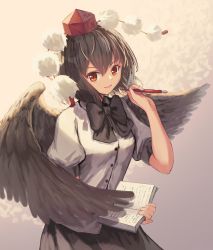 Rule 34 | 1girl, arm up, bad id, bad pixiv id, bird wings, black bow, black hair, black neckwear, black skirt, black wings, book, bow, commentary, feathered wings, gradient background, grey background, hair between eyes, hat, highres, holding, holding book, holding pen, looking at viewer, nib pen (object), ookashippo, open book, open mouth, pen, pink background, pom pom (clothes), puffy short sleeves, puffy sleeves, red eyes, red hat, shameimaru aya, shirt, short hair, short sleeves, skirt, solo, tokin hat, touhou, two-tone background, white shirt, wings