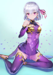 Rule 34 | 1girl, armlet, armor, bad id, bad pixiv id, bare shoulders, bikini armor, blush, bracelet, breasts, closed mouth, collar, detached sleeves, dress, earrings, fate/grand order, fate (series), floral print, hair ribbon, jewelry, kama (fate), kama (first ascension) (fate), legs, looking at viewer, metal collar, miniskirt, mokyumokyuchan, pelvic curtain, pink eyes, pink ribbon, purple dress, purple skirt, purple sleeves, purple thighhighs, ribbon, ring, sandals, short hair, silver hair, skirt, small breasts, smile, thighhighs, thighlet