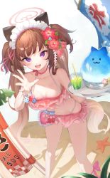 Rule 34 | 1girl, ahoge, animal ears, bare shoulders, beach, bikini, black choker, blue archive, blush, breasts, brown hair, choker, cleavage, collarbone, cup, drink, drinking straw, flower, frilled bikini, frills, hair flower, hair ornament, halo, hand up, highres, long hair, looking at viewer, maid headdress, mishuo (misuo69421), navel, open mouth, pink bikini, purple eyes, ribbon, shizuko (blue archive), shizuko (swimsuit) (blue archive), small breasts, smile, solo, standing, star (symbol), starfish, swimsuit, tail, tropical drink, twintails, two side up, very long hair, waving