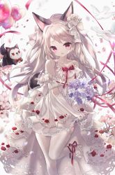 Rule 34 | 1girl, absurdres, animal ears, azur lane, balloon, bare shoulders, bird, blush, bouquet, bow, braid, breasts, bridal gauntlets, danby merong, detached sleeves, dog, dog ears, dog tail, dove, dress, flower, frilled dress, frills, hair flower, hair ornament, heart, highres, huge filesize, jewelry, locket, long hair, looking at viewer, open mouth, pendant, pink eyes, red bow, red eyes, red ribbon, ribbon, skirt hold, solo, standing, standing on one leg, tail, thick eyebrows, wedding dress, white flower, white legwear, yuudachi (azur lane)