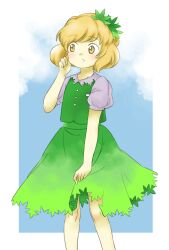 Rule 34 | 1girl, aki shizuha, alternate color, blonde hair, dress, feet out of frame, green dress, hair ornament, hand up, leaf hair ornament, legs apart, nonamejd, official style, puffy short sleeves, puffy sleeves, short hair, short sleeves, solo, standing, touhou, yellow eyes, zun (style)