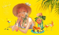 Rule 34 | 1girl, artist name, bare shoulders, blue eyes, blueberry, bracelet, breasts, cleavage, cup, dekooop, drink, drinking glass, earrings, flower, food, fruit, glass, hand on own cheek, hand on own face, hat, highres, jewelry, lemon, light smile, long hair, looking at viewer, mango, medium breasts, mole, mole under mouth, nail polish, neck ribbon, orange (fruit), original, pink flower, pink hair, plate, raspberry, red flower, red nails, ribbon, ring, shadow, signature, smile, solo, strawberry, yellow background