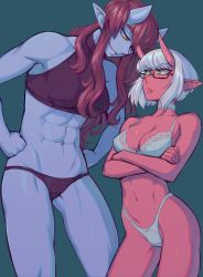 Rule 34 | 2girls, :/, abs, aika (ittla), aoi (ittla), arms under breasts, bare shoulders, black-framed eyewear, black choker, black panties, blue skin, blunt bangs, bra, breasts, choker, collarbone, colored skin, commentary, crop top, crossed arms, frown, glaring, glasses, green background, green eyes, groin, hair over one eye, half-closed eyes, hands on own hips, height difference, highleg, highleg panties, highres, horns, ittla, lingerie, long hair, looking at another, medium breasts, multiple girls, muscular, muscular female, navel, oni, original, panties, parted lips, pointy ears, rectangular eyewear, red hair, red skin, sharp teeth, short hair, silver hair, simple background, skin-covered horns, sleeveless, slit pupils, smirk, stomach, symbol-only commentary, teeth, thick eyebrows, underwear, underwear only, v-shaped eyebrows, white bra, white choker, white panties, yellow eyes