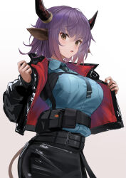 Rule 34 | 1girl, animal ears, arknights, belt, black jacket, black necktie, black skirt, blue shirt, breasts, brown eyes, commentary request, cow ears, cow girl, cow horns, cow tail, cowboy shot, gradient background, grey background, highres, holding, holding clothes, holding jacket, horn ornament, horn ring, horns, jacket, large breasts, long sleeves, looking at viewer, medium hair, necktie, open clothes, open jacket, open mouth, purple hair, red jacket, shirt, sideroca (arknights), simple background, skirt, solo, sthk, tail, two-sided fabric, two-sided jacket, utility belt, white background