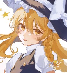 Rule 34 | 1girl, black hat, black jacket, blonde hair, bow, braid, hair bow, hat, highres, jacket, kirisame marisa, long hair, looking at viewer, shirt, short sleeves, single braid, solo, star (symbol), tongue, tongue out, touhou, uzmee, white background, white bow, white shirt, witch hat, yellow eyes, yellow star