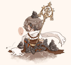 Rule 34 | 1boy, armlet, belt, brown hair, brown sash, chibi, closed eyes, e.g.o (project moon), heathcliff (project moon), holding, holding staff, limbus company, my form empties, project moon, rock balancing, scar, scarf, simple background, sitting, solo, staff, uchimura (rino0525), white background, white scarf, yellow belt