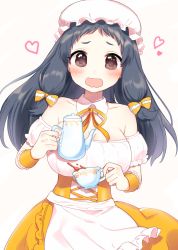 Rule 34 | 10s, 1girl, alternate costume, apron, bare shoulders, black hair, blush, bow, breasts, brown eyes, cleavage, commentary request, cup, detached collar, detached sleeves, enmaided, hair bow, hat, heart, idolmaster, idolmaster cinderella girls, large breasts, long hair, looking at viewer, maid, mob cap, ohnuma kurumi, open mouth, short sleeves, simple background, solo, teacup, teapot, waist apron, wavy mouth, white background, wrist cuffs, yuyupo
