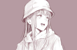 Rule 34 | 1girl, :d, hat, highres, kuon nanami, long hair, looking away, looking to the side, monochrome, napata, open mouth, paripi koumei, portrait, sidelocks, simple background, sketch, smile, solo, teeth, upper teeth only