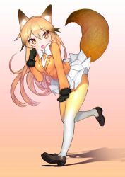 Rule 34 | 10s, 1girl, animal ears, black gloves, blonde hair, blush, bow, bowtie, buttons, clenched hands, ezo red fox (kemono friends), fang, fox ears, fox tail, garugaru, gloves, gradient background, gradient hair, gradient legwear, highres, jacket, kemono friends, loafers, long hair, long sleeves, looking at viewer, multicolored clothes, multicolored hair, multicolored legwear, open mouth, pantyhose, pleated skirt, shadow, shoes, skirt, solo, tail, white background, yellow eyes