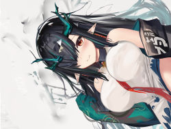 Rule 34 | 1girl, 3:, arknights, bare arms, bare shoulders, between breasts, black hair, black jacket, breasts, closed mouth, clothes lift, colored inner hair, dragon horns, dress, dress lift, dusk (arknights), earrings, hair over one eye, horns, jacket, jewelry, large breasts, long hair, looking at viewer, mikuning, multicolored hair, necktie, off shoulder, pointy ears, red eyes, sidelocks, sleeveless, sleeveless dress, solo, streaked hair, white dress, wing collar