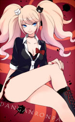 Rule 34 | 10s, 1girl, bad id, bad pixiv id, blue eyes, boots, bow, breasts, cleavage, collarbone, copyright name, cross-laced footwear, danganronpa (series), danganronpa: trigger happy havoc, enoshima junko, gyaru, hair ornament, itsumi (itumiyuo), knee boots, kogal, legs, crossed legs, long hair, long legs, medium breasts, monokuma, nail polish, pink hair, pleated skirt, sitting, skirt, sleeves rolled up, smile, solo, spoilers, thighs, twintails, very long hair