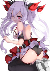 Rule 34 | 1girl, ;d, ass, azur lane, bare shoulders, black bra, black panties, black ribbon, black thighhighs, blush, bra, chain, commentary request, covering chest, covering privates, detached sleeves, fang, flat chest, floating hair, from behind, garter straps, hair between eyes, hair ornament, hair ribbon, hand up, head tilt, hidaka0503, high-waist skirt, high heels, holding, holding own hair, kneeling, long hair, looking at viewer, looking back, one eye closed, open mouth, panties, red eyes, red ribbon, ribbon, shade, shiny skin, sidelocks, silver footwear, simple background, skirt, slit pupils, smile, solo, thighhighs, turret, twintails, underwear, vampire (azur lane), very long hair, white background, white hair