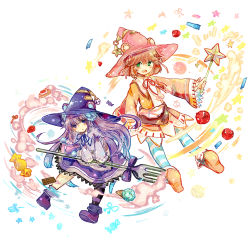 Rule 34 | 2girls, apple, brown hair, candy, chocolate, dress, dumpty alma, emil chronicle online, food, fork, fruit, green eyes, hat, highres, long hair, multiple girls, open mouth, pie, purple eyes, purple hair, puzzle &amp; dragons, sleeves past wrists, smile, star (symbol), tiny alma, usako clily, wand, witch