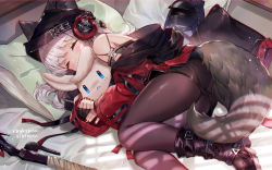 Rule 34 | 1girl, animal ears, arknights, bag, beanie, bed, birthday, black pantyhose, black skirt, blue eyes, blush, boots, closed mouth, cushion, detached sleeves, doctor (arknights), dutch angle, ears through headwear, fingerless gloves, fox ears, fox girl, fox tail, frostleaf (arknights), gloves, hat, headphones, highres, hug, light particles, long hair, long sleeves, messenger bag, miniskirt, nail polish, ninjinshiru, off-shoulder shirt, off shoulder, on bed, oversized clothes, pantyhose, rabbit, red nails, shirt, shoulder bag, skirt, sleeping, solo, stuffed animal, stuffed rabbit, stuffed toy, tail, thighs, weapon, white hair, window shadow