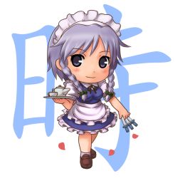 Rule 34 | 1girl, blue eyes, braid, breasts, chibi, cup, female focus, full body, hairband, izayoi sakuya, knife, maid, namine0079, silver hair, solo, teacup, teapot, throwing knife, touhou, twin braids, weapon, white background
