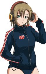 Rule 34 | 10s, 1girl, 71, arena (company), brand name imitation, brown hair, green eyes, hand in pocket, headphones, idolmaster, idolmaster cinderella girls, jacket, product placement, pun, short hair, simple background, solo, tada riina, track jacket
