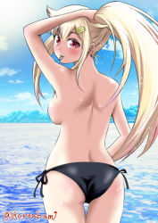 Rule 34 | 10s, 1girl, adjusting hair, ass, back, bikini, bikini bottom only, black bikini, blonde hair, blue sky, blush, breasts, cloud, day, from behind, hair flaps, hair ornament, hair tie, hairclip, kantai collection, kuro abamu, long hair, looking at viewer, looking back, mouth hold, ponytail, red eyes, sky, solo, sunlight, swimsuit, topless, twitter username, water, water drop, yuudachi (kancolle), yuudachi kai ni (kancolle)