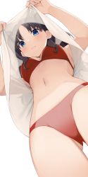 Rule 34 | 1girl, bikini, black hair, blue eyes, blush, breasts, commentary, fate/hollow ataraxia, fate/stay night, fate (series), from below, gluteal fold, highres, hiroki (yyqw7151), lifting own clothes, long hair, looking at viewer, looking down, medium breasts, navel, red bikini, simple background, solo, stomach, swimsuit, thighs, tohsaka rin, twintails, upshirt, white background