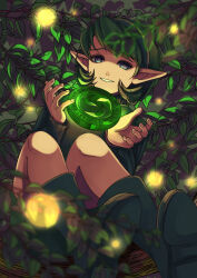 Rule 34 | 1girl, absurdres, blue eyes, blurry, boots, branch, depth of field, floating, foliage, forest medallion, green footwear, green hair, green sweater, hairband, highres, holding, leaf, light particles, long sleeves, lying, mi9clous, nintendo, on back, ponytail, saria (zelda), short hair, signature, smile, solo, sweater, swept bangs, the legend of zelda, the legend of zelda: ocarina of time