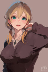 Rule 34 | 1girl, alternate costume, artist name, black shirt, blonde hair, commentary request, green eyes, grey background, haruto (harut n), jewelry, kantai collection, long hair, looking at viewer, necklace, one-hour drawing challenge, open mouth, prinz eugen (kancolle), shirt, solo, teeth, twintails, upper teeth only