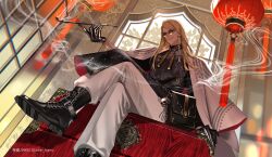 Rule 34 | alternate costume, bag, black footwear, black gloves, blonde hair, boots, braid, cape, changpao, chinese clothes, collared shirt, cross-laced footwear, crossed legs, fate/grand order, fate (series), gloves, highres, holding, holding smoking pipe, koshika rina, long hair, pants, print cape, red cape, shirt, shoes, shoulder bag, single braid, sitting, skeletal hand, skull, skull ornament, smoke, smoking, smoking pipe, tangzhuang, tezcatlipoca (fate), twitter username, two-tone cape, white cape, white pants