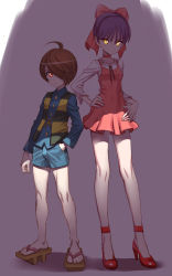 Rule 34 | 1boy, 1girl, anklet, bare legs, blue shirt, blue shorts, bow, brown hair, brown vest, cat girl, chanchanko (clothes), choker, closed mouth, collared shirt, commentary request, darkness, dress, facing viewer, full body, gegege no kitarou, gegege no kitarou 6, geta, glowing, glowing eyes, hair bow, hair over one eye, hand in pocket, hand on own hip, hands on own hips, high heels, highres, jewelry, kitarou, layered clothes, light frown, long sleeves, looking at viewer, minazuki juuzou, nekomusume, nekomusume (gegege no kitarou 6), no socks, purple hair, red bow, red choker, red dress, red eyes, red footwear, shadow, shirt, short dress, short hair, shorts, side-by-side, standing, v-shaped eyebrows, vest, white shirt, yellow eyes