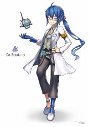 Rule 34 | ahoge, androgynous, armband, blue eyes, blue hair, full body, gender request, gia, glasses, hand on own hip, highres, id card, lab coat, long hair, looking at viewer, mechanical arms, mechanical legs, original, ponytail, prosthesis, semi-rimless eyewear, signature, single mechanical arm, single mechanical leg, slippers, smile, solo, standing, tool belt, white background