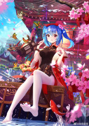 Rule 34 | 1girl, absurdres, architecture, bare shoulders, black dress, blue flower, blue hair, blush, breasts, bug, butterfly, chinese commentary, commentary request, copyright request, cross hair ornament, day, dress, east asian architecture, feet, fish, flower, full body, hair between eyes, hair ornament, highres, holding, holding lantern, insect, jacket, lantern, legs, looking at viewer, medium breasts, medium hair, no shoes, off shoulder, open mouth, outdoors, pantyhose, pink flower, prinz eugen1938, red eyes, red jacket, sitting, smile, solo, water, weibo watermark, white pantyhose, yellow butterfly
