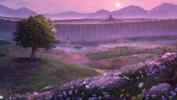 building cloud commentary day english_commentary field flower flower_field grass highres hill landscape mountain outdoors purple_flower purple_sky red_flower rock scenery shingeki_no_kyojin sky studio_eclypse sun town tree white_flower yellow_flower