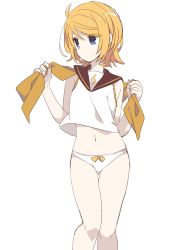 Rule 34 | 1girl, bare legs, bare shoulders, blonde hair, blue eyes, crop top, holding neckwear, kagamine rin, legs together, looking to the side, midriff, nail polish, navel, neckerchief, neckwear grab, no pants, over shoulder, pale skin, panties, sailor collar, shirt, sketch, sleeveless, sleeveless shirt, solo, swept bangs, treble clef, underwear, undone neckerchief, vocaloid, yellow nails, yellow neckwear, yoshiki