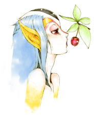 Rule 34 | 1girl, ao no roku-gou, bad id, bad pixiv id, blue hair, cherry, colored skin, food, from side, fruit, monster girl, multicolored skin, mutio, open mouth, pointy ears, portrait, red eyes, simple background, solo, task (artist), white background, white skin, yellow skin