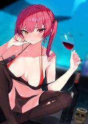 Rule 34 | 1girl, bare shoulders, bikini, black ribbon, black thighhighs, bottle, breasts, closed mouth, collarbone, cup, dokuro-kun (houshou marine), drinking glass, earrings, fish, foreshortening, groin tendon, hair ribbon, hands up, heart, heart earrings, heterochromia, highres, holding, hololive, houshou marine, houshou marine (summer), jewelry, large breasts, long hair, looking at viewer, pomesaurus, red bikini, red eyes, red hair, ribbon, sitting, skindentation, skull cup, smile, solo, strap gap, swimsuit, thighhighs, thighs, torn clothes, torn thighhighs, twintails, virtual youtuber, water, whale, wine bottle, wine glass
