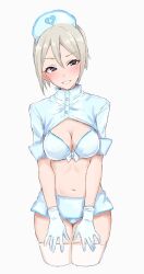 Rule 34 | 1girl, absurdres, bikini, black eyes, breasts, cleavage, cowboy shot, front-tie top, gloves, grey hair, hat, highres, idolmaster, idolmaster cinderella girls, looking at viewer, medium breasts, microskirt, navel, nurse, nurse cap, open clothes, partially unbuttoned, revealing clothes, rubber gloves, shiomi syuko, short hair, simple background, skirt, smile, solo, swimsuit, thighhighs, wasabijoyu76, white background, white thighhighs