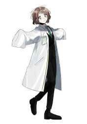 Rule 34 | 1girl, absurdres, black footwear, black pants, black vest, brown hair, closed mouth, collared shirt, full body, green necktie, hair ornament, hairclip, highres, id card, lab coat, limbus company, medium hair, messy hair, necktie, pants, project moon, shirt, shoes, shrenne (project moon), sidelocks, simple background, smile, solo, very long sleeves, vest, vvindyday, white background, white shirt