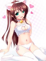 Rule 34 | 1girl, animal ears, arm support, bad id, bad pixiv id, bell, blush, bra, breasts, brown hair, cat cutout, cat ear panties, cat ears, cat lingerie, choker, cleavage, cleavage cutout, clothing cutout, green eyes, jingle bell, long hair, looking at viewer, meme attire, navel, open mouth, panties, shiny skin, side-tie panties, sitting, smile, solo, tamasaka makoto, thighhighs, tokyo 7th sisters, totokichi, underwear, underwear only, very long hair, wariza, white thighhighs
