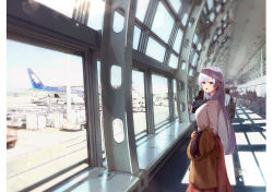 Rule 34 | 1girl, :d, absurdres, aircraft, airplane, airport, alternate costume, border, brown coat, casual, coat, unworn coat, commentary request, contemporary, fate/grand order, fate (series), highres, holding clothes, holding coat, huge filesize, long hair, long skirt, looking at viewer, open mouth, red eyes, red skirt, shirt, silver hair, skirt, smile, tomoe gozen (fate), vegetablenabe, white border, white shirt