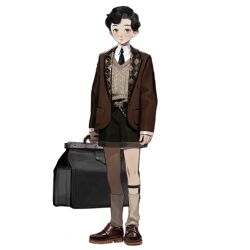 Rule 34 | 1boy, artist request, belt, black belt, black hair, black necktie, blue eyes, blush, brown footwear, brown jacket, brown shorts, brown sweater vest, closed mouth, collared shirt, expressionless, full body, girls&#039; frontline, holding, holding suitcase, jacket, knee strap, loafers, long sleeves, looking at viewer, lucas (girls&#039; frontline), male focus, necktie, official art, shirt, shoes, short hair, shorts, simple background, socks, solo, standing, suitcase, sweater vest, transparent background, white shirt, white socks