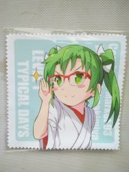 Rule 34 | bespectacled, blush stickers, glasses, green eyes, green hair, hair ribbon, highres, japanese clothes, kantai collection, photo (medium), ribbon, sakimiya (inschool), smile, solo, sparkle, twintails, aged down, zuikaku (kancolle)