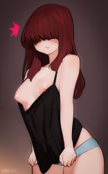 Rule 34 | 1girl, black shirt, blush, breast slip, breasts, brown hair, clothes pull, commentary request, cowboy shot, facing viewer, hair over eyes, highres, kawaikochan, long hair, medium breasts, nipples, no bra, original, panties, pulled by self, shiny skin, shirt, shirt pull, simple background, solo, standing, straight hair, tank top, underwear, white panties