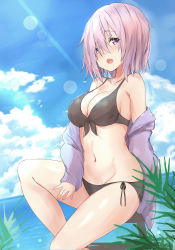 Rule 34 | 1girl, absurdres, alternate costume, bikini, black bikini, blush, breasts, cleavage, cloud, commentary request, day, fate/grand order, fate (series), front-tie top, hand on own thigh, hand on thigh, highres, jacket, large breasts, light purple hair, mash kyrielight, navel, open mouth, purple eyes, saku (kudrove), short hair, shrug (clothing), side-tie bikini bottom, sky, solo, sunlight, swimsuit, thighs, water