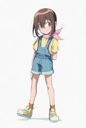 Rule 34 | 1girl, arm behind back, bad id, bad tumblr id, blue overalls, blush, child, closed mouth, digimon, digimon adventure: (2020), full body, hair between eyes, highres, looking to the side, maro (lij512), orange socks, overalls, pink scarf, red eyes, scarf, shadow, shirt, shoes, short hair, signature, simple background, smile, sneakers, socks, solo, standing, white background, yagami hikari, yellow footwear, yellow shirt