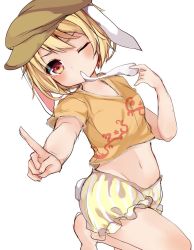 Rule 34 | 1girl, animal ears, bad id, bad twitter id, bare legs, barefoot, blonde hair, blush, brown eyes, brown hat, commentary request, floppy ears, food, hat, highres, holding, holding food, index finger raised, karasusou nano, looking at viewer, midriff, mochi, mouth hold, navel, one-hour drawing challenge, one eye closed, orange shirt, orange shorts, rabbit ears, rabbit tail, ringo (touhou), shirt, short hair, short sleeves, shorts, simple background, solo, tail, touhou, wagashi, white background