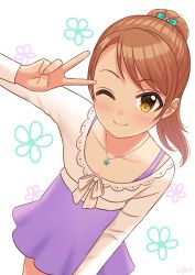 Rule 34 | aged down, bow, brown hair, child, collarbone, commentary request, commission, dress, flat chest, flower, flower necklace, hair bow, hand up, highres, hojo karen, idolmaster, idolmaster cinderella girls, jewelry, light blush, long hair, long sleeves, looking at viewer, necklace, one eye closed, ponytail, purple dress, skeb commission, smile, solo, sweater, v, wgm oekaki, white background, white sweater, yellow eyes